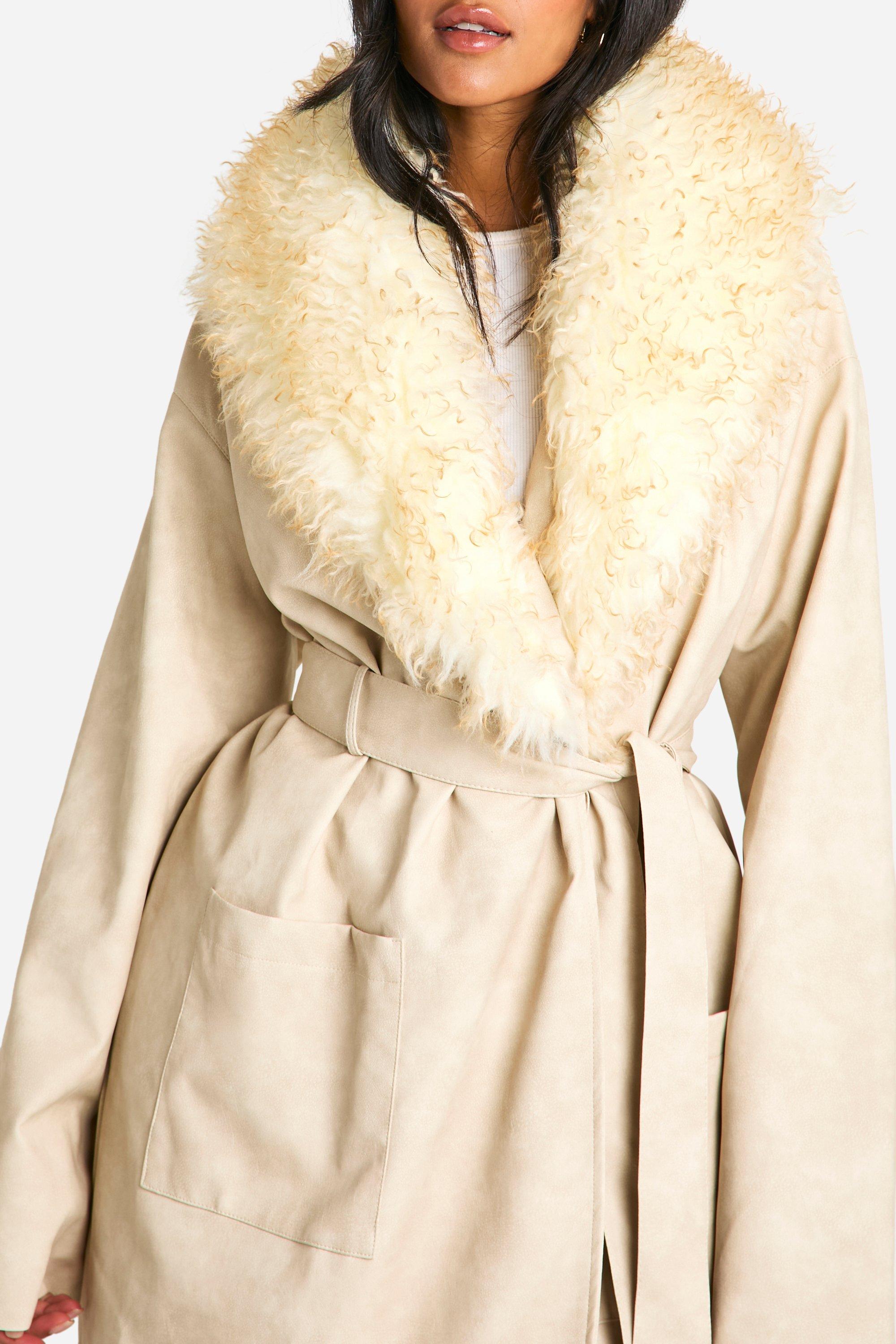 Tall Faux Fur Collar Vintage Look Faux Leather Trench Coat