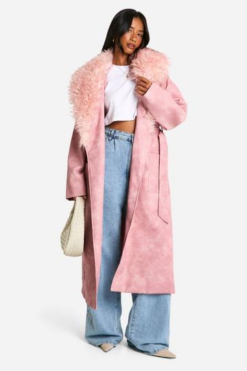 Pink Petite Faux Fur Collar Vintage Look Faux Leather Trench Coat