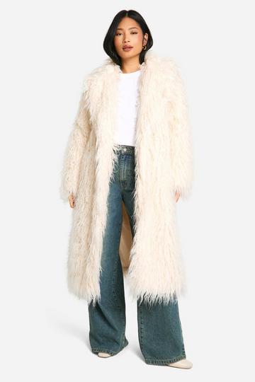 Cream White Petite Faux Mongolian Fur Maxi Coat