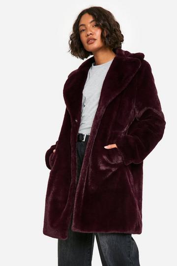 Burgundy Red Tall Longline Faux Fur Jacket