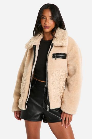 Petite Teddy Mixed Faux Fur Aviator sand