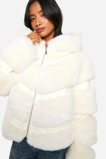 Cream White Petite Faux Fur Hooded Jacket