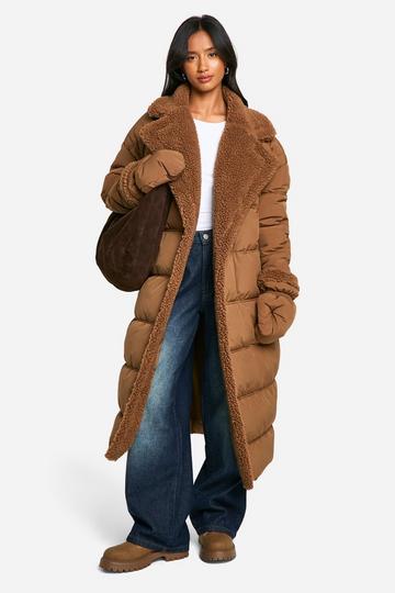 Petite Teddy Trim Puffer Coat With Teddy Mittens rust