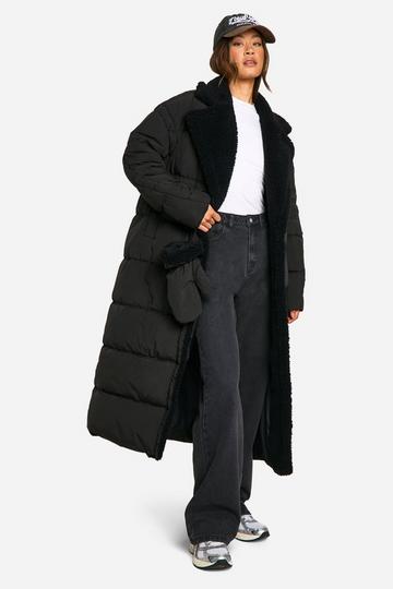 Tall Teddy Trim Puffer Coat With Teddy Mittens black