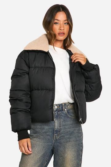 Black Tall Teddy Trim Collar Puffer Jacket