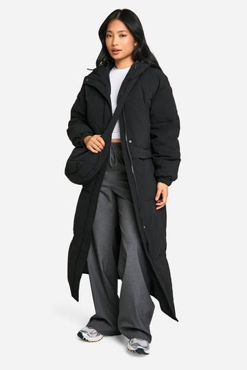 Petite Longline Hooded Puffer Jacket With Matching Bag black