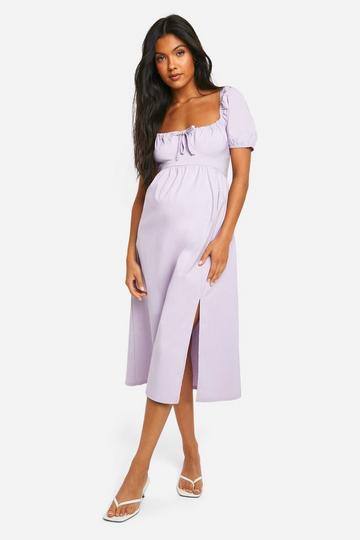 Maternity Bengaline Puff Sleeve Milkmaid Midi Dress lilac