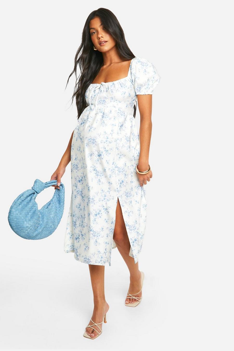 Light blue Maternity Bengaline Puff Sleeve Porcelain Print Milkmaid Midi Dress