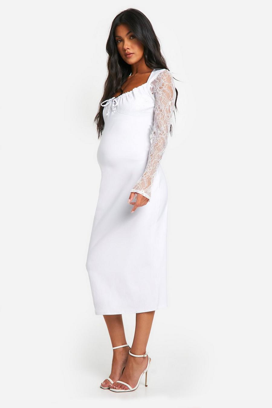 White Maternity Bengaline Lace Sleeve Midi Bodycon Dress