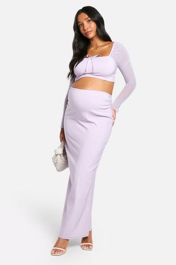 Maternity Bengaline Tie Front Blouse And Maxi Skirt Co-ord lilac