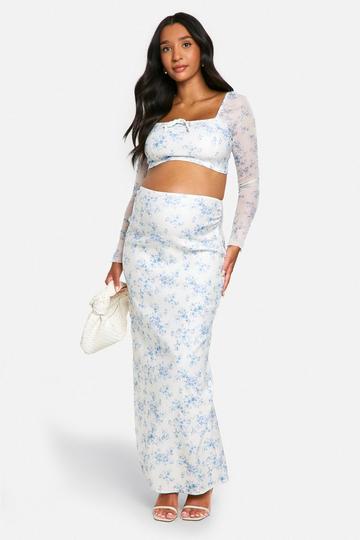 Maternity Porcelain Print Bengaline Tie Front Blouse And Maxi Skirt Co-ord light blue