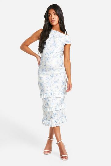 Blue Maternity Porcelain Print Bengaline Asymmetric Frill Midi Dress