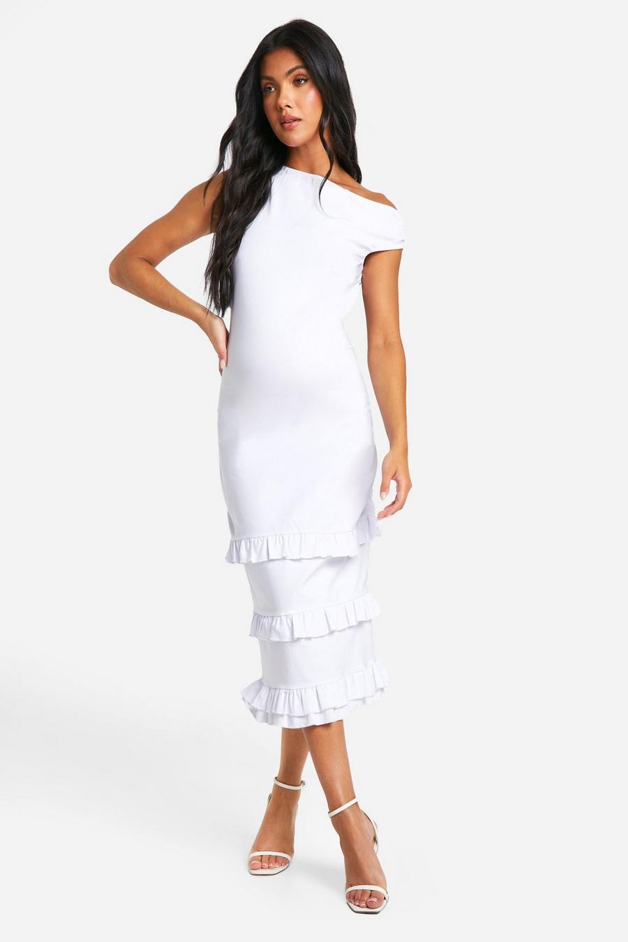 White Maternity Bengaline Asymmetric Frill Midi Dress