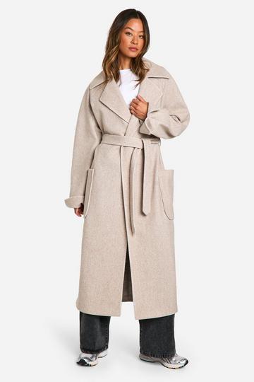 Tall Contrast Stitch Belted Wool Look Coat oatmeal