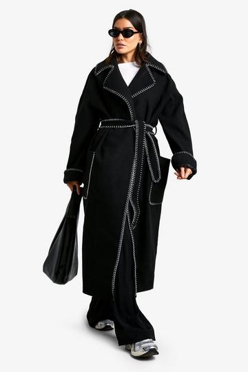 Black Tall Contrast Stitch Belted Wool Look Coat