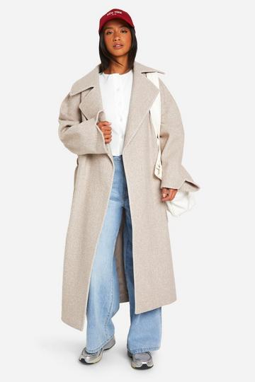 Petite Contrast Stitch Belted Wool Look Coat oatmeal