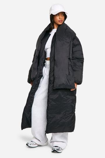 Black Petite 2 In 1 Longline Scarf Puffer Jacket