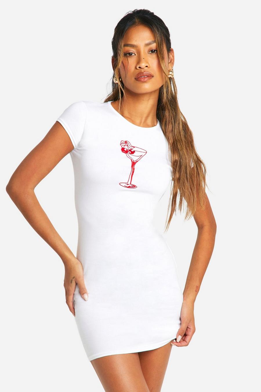 White Martini Embroidered Cap Sleeve Bodycon Dress image number 1