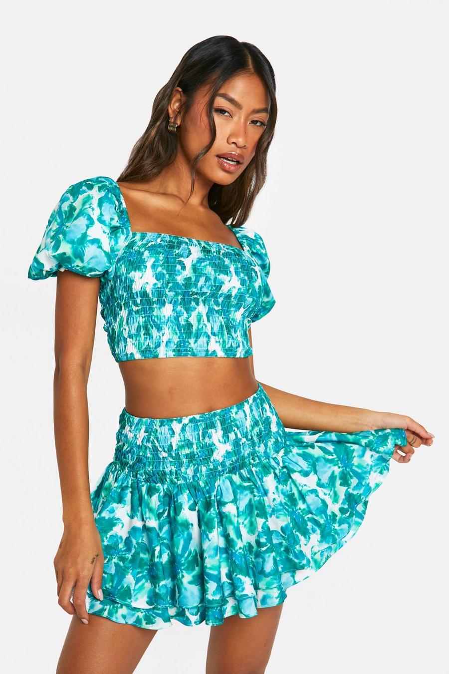 Emerald Floral Shirred Puff Sleeve Crop & Mini Skirt image number 1