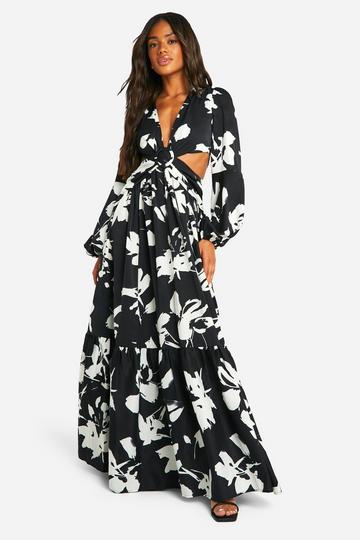 Mono Bloemen Maxi Jurk Met Uitsnijding black