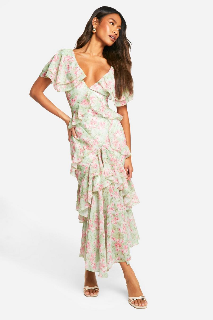 Green Floral Frill Detail Maxi Dress image number 1