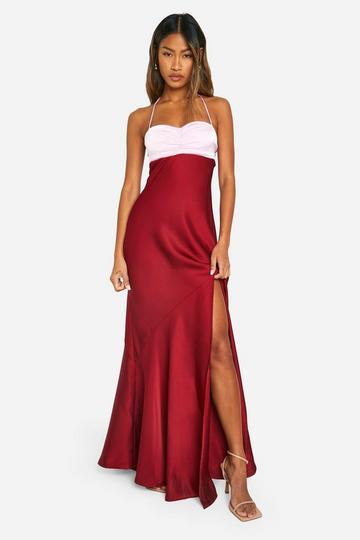 Contrast Satin Maxi Dress red