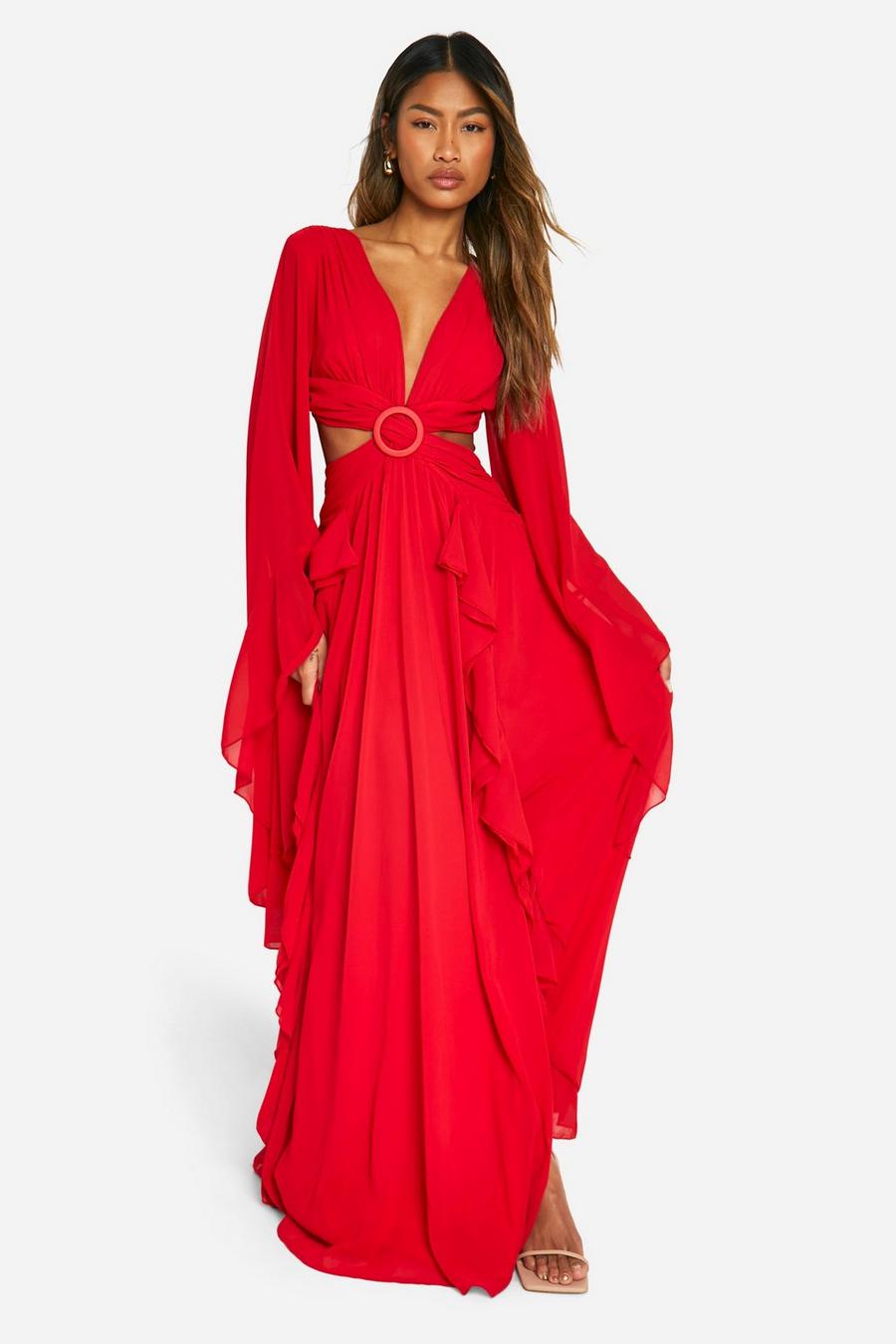 Red Chiffon Flare Sleeve Cut Out Maxi Dress image number 1