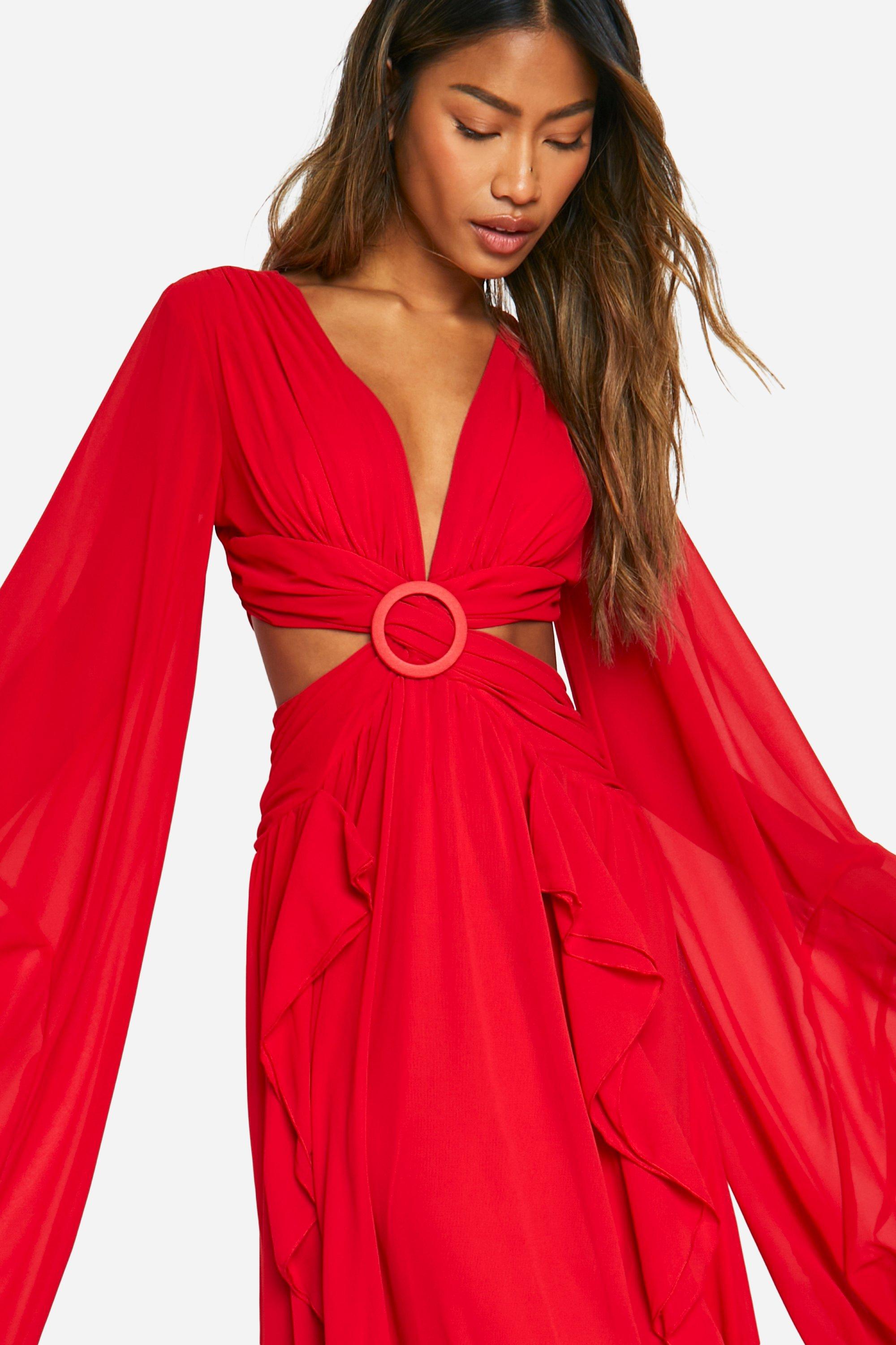 Chiffon Flare Sleeve Cut Out Maxi Dress boohoo