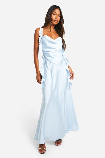 Satijnen Maxi Jurk Met Geplooide Bandjes pale blue