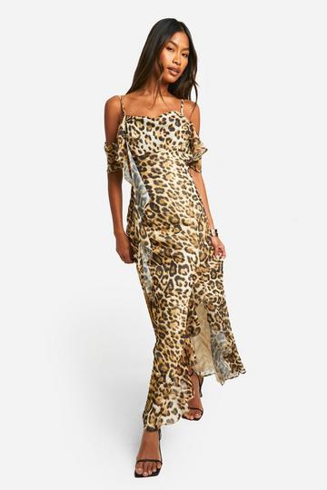 Leopard Ruffle Chiffon Maxi Dress brown