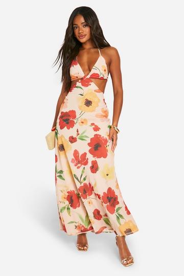 Yellow Chiffon Floral Cut Out Maxi Dress