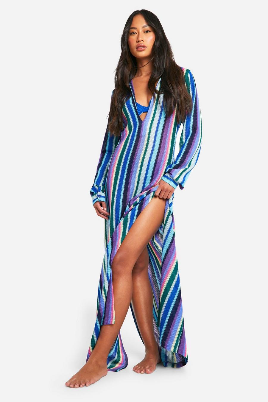 Blue Multi Stripe Knitted Beach Maxi Dress image number 1