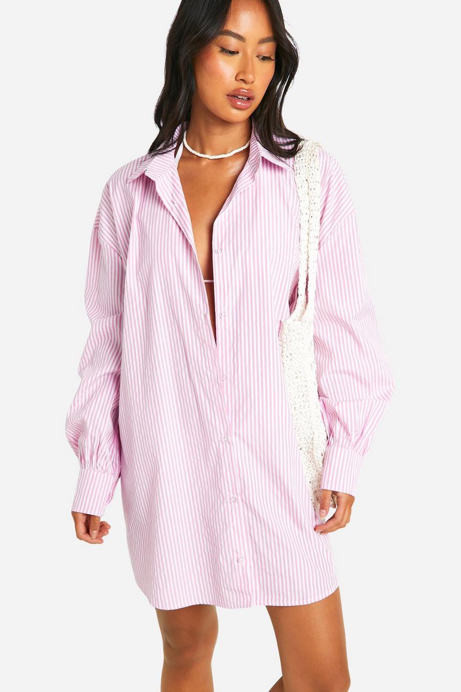 Pink Pinstripe Oversized Beach Shirt Dress