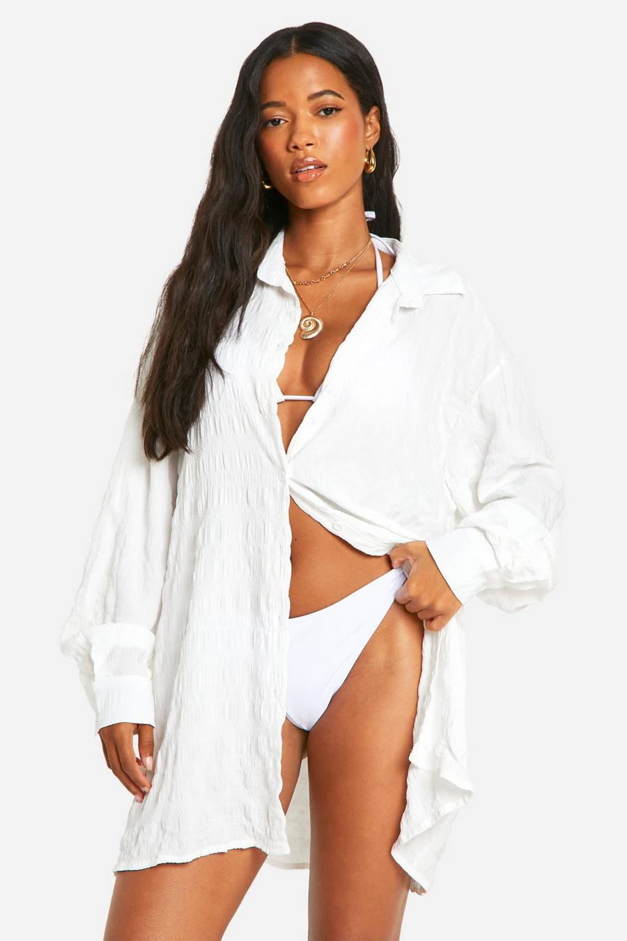 White Shirred Crinkle Oversized Beach Shirt image number 1
