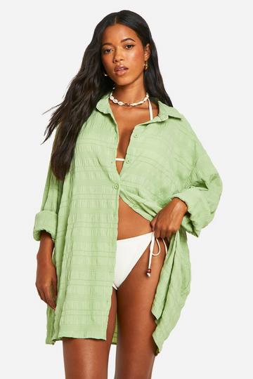 Shirred Crinkle Oversized Beach Shirt sage