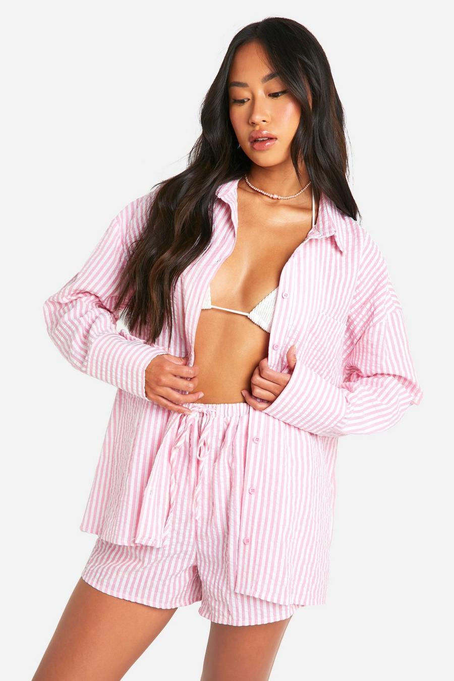 Pink Stripe Seersucker Shirt & Short Beach Co-ord image number 1