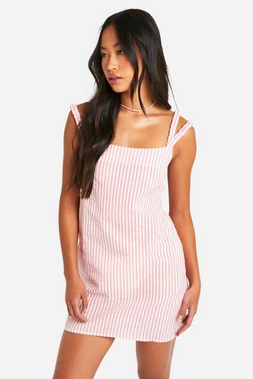 Coral Pink Stripe Seersucker Open Back Beach Dress