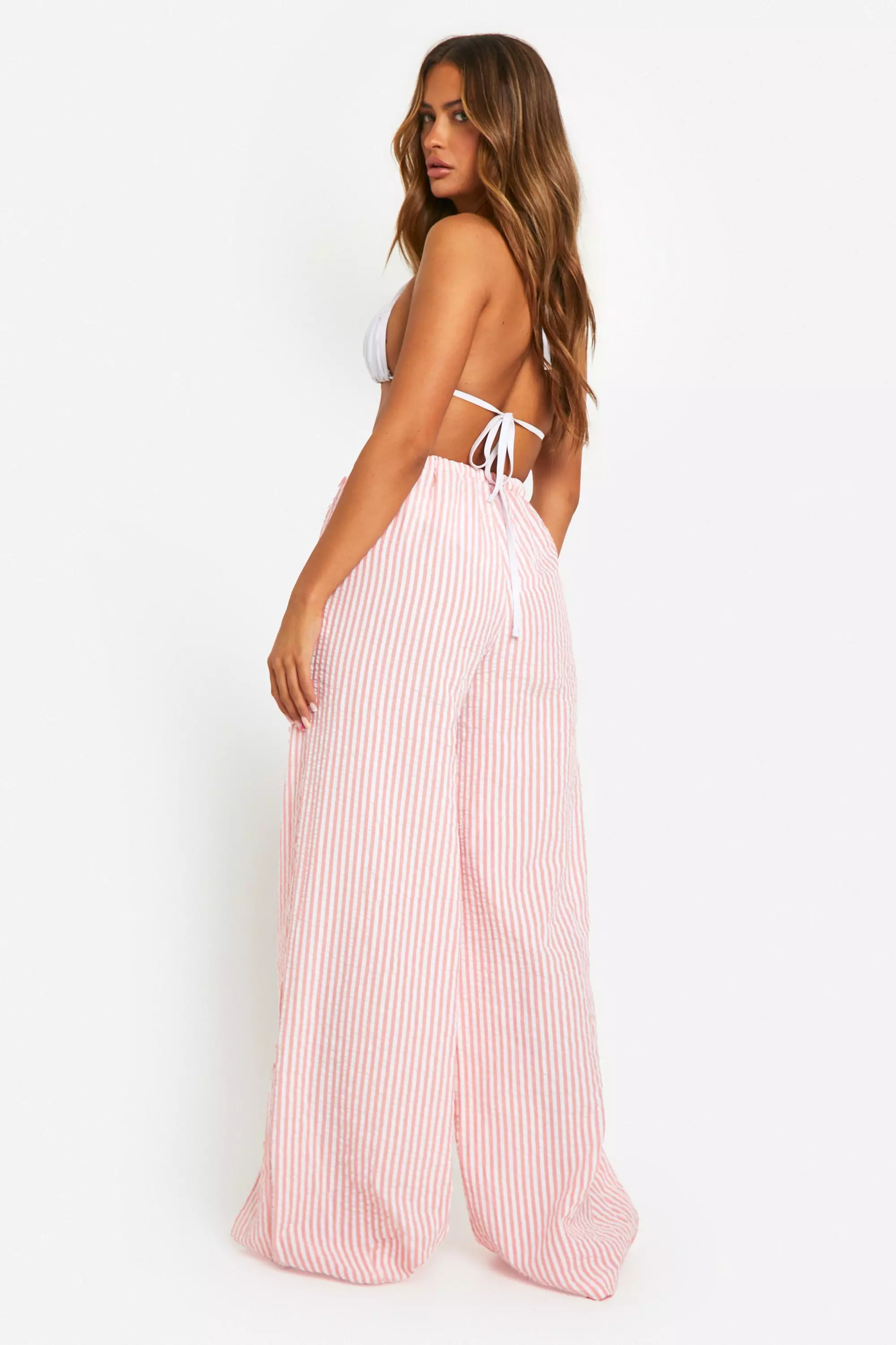 Coral Stripe Seersucker Wide Leg Beach Trouser alternative image