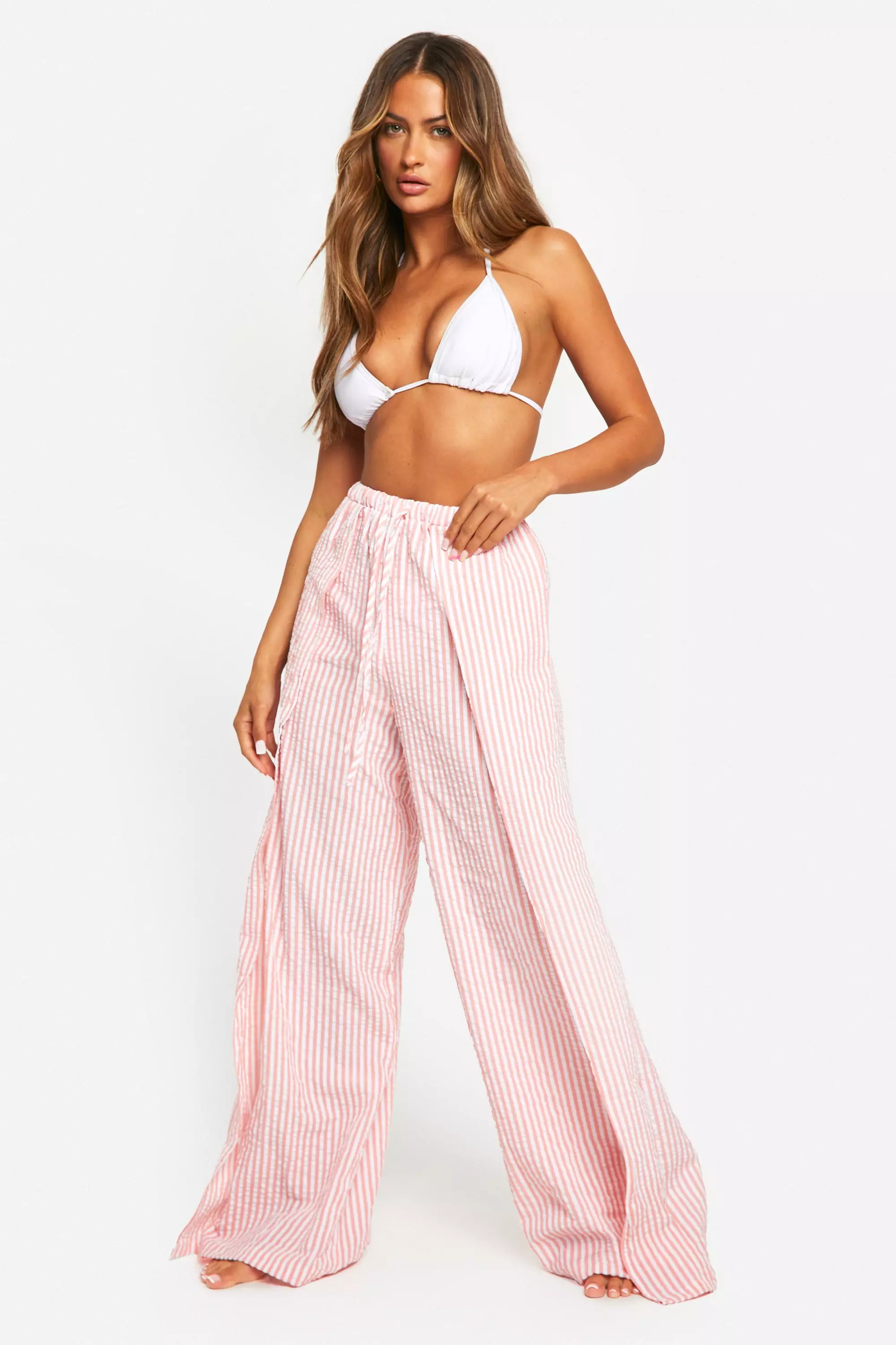 Coral Stripe Seersucker Wide Leg Beach Trouser alternative image