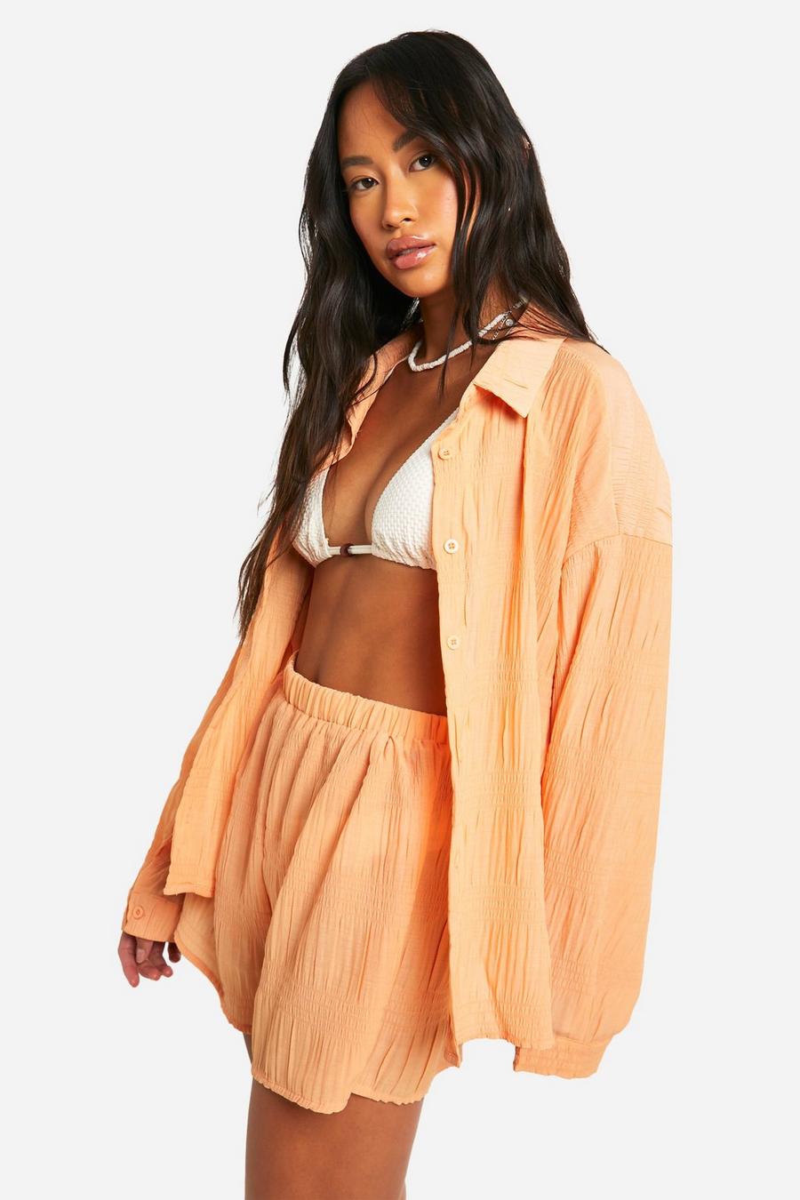 Rust Shirred Crinkle Shirt & Short Beach Co-ord image number 1
