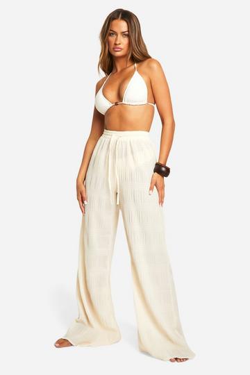 Sand Beige Shirred Crinkle Palazzo Beach Trousers