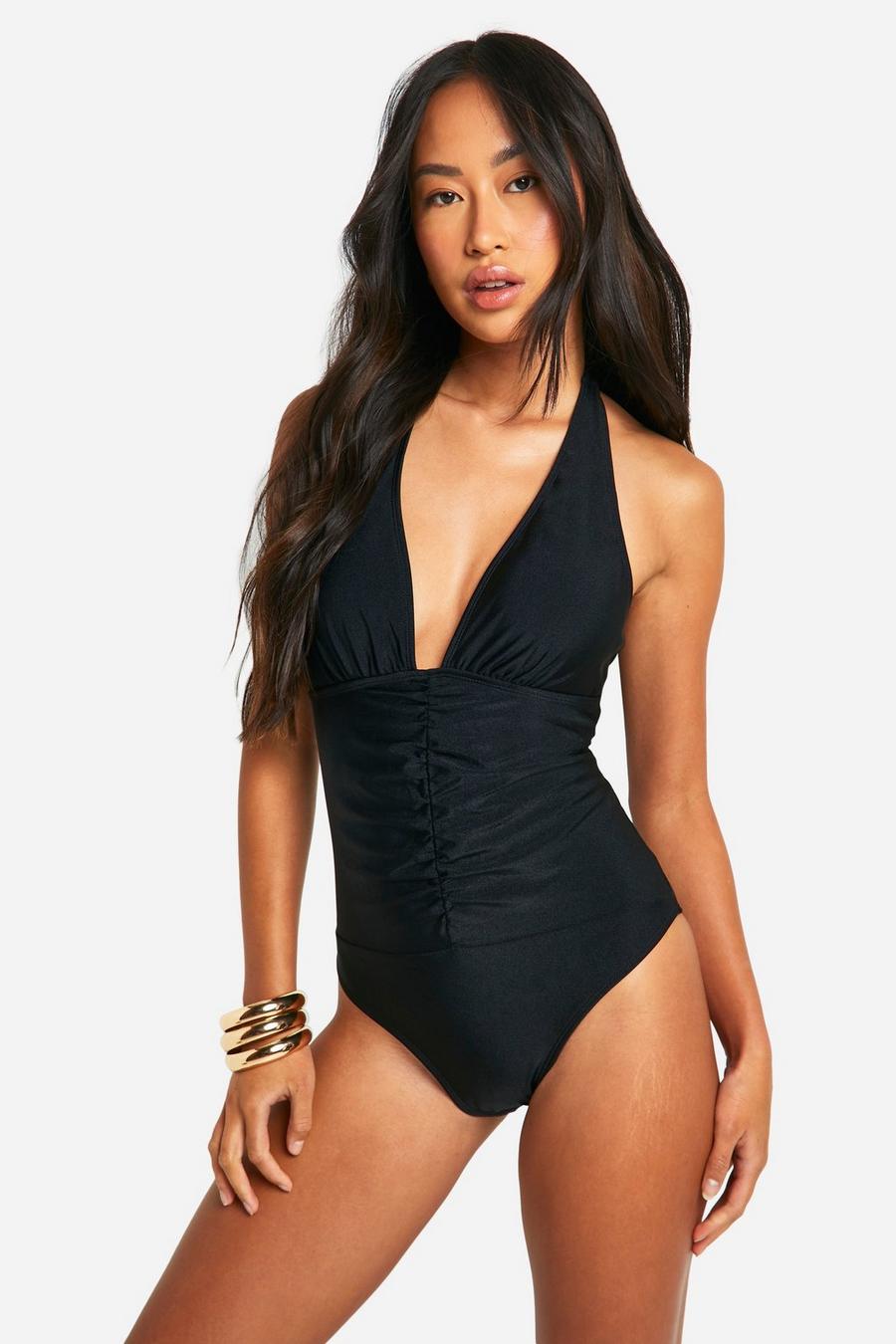 Black Tummy Control Ruched Halter Swimsuit image number 1