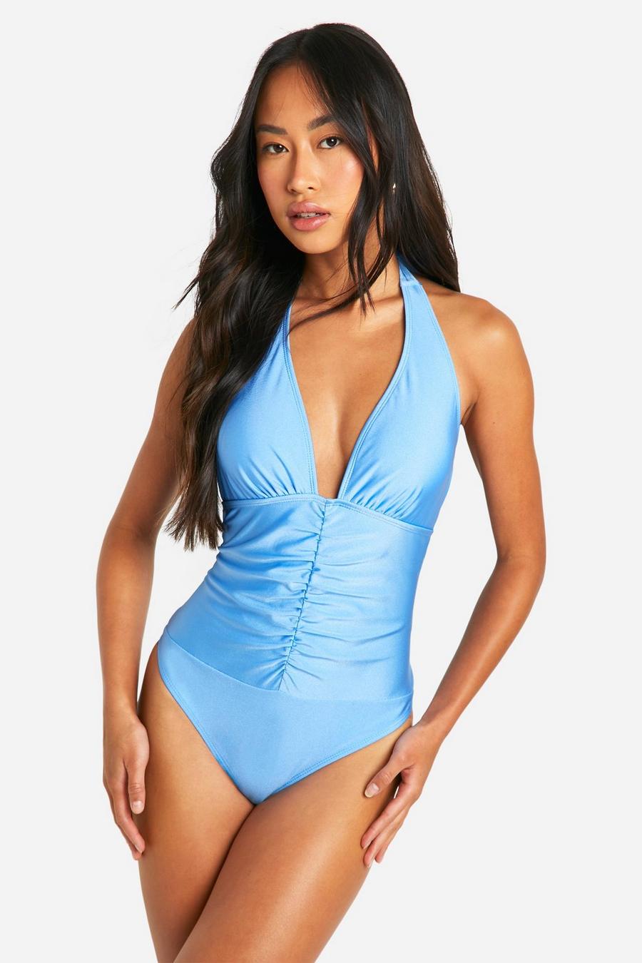 Sky blue Tummy Control Ruched Halter Swimsuit image number 1