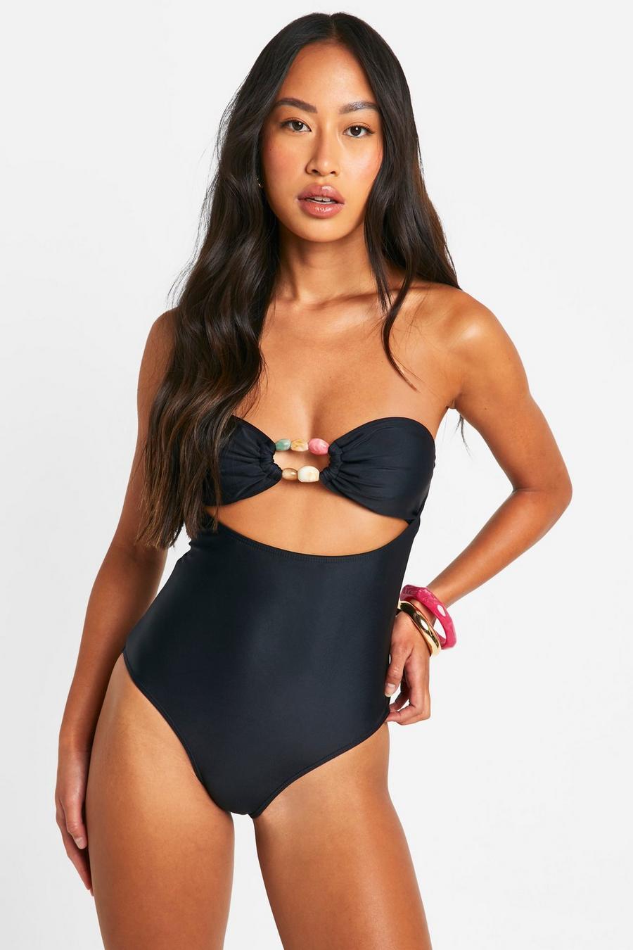 Black Beaded Trim Cut Out Bandeau Swimsuit image number 1