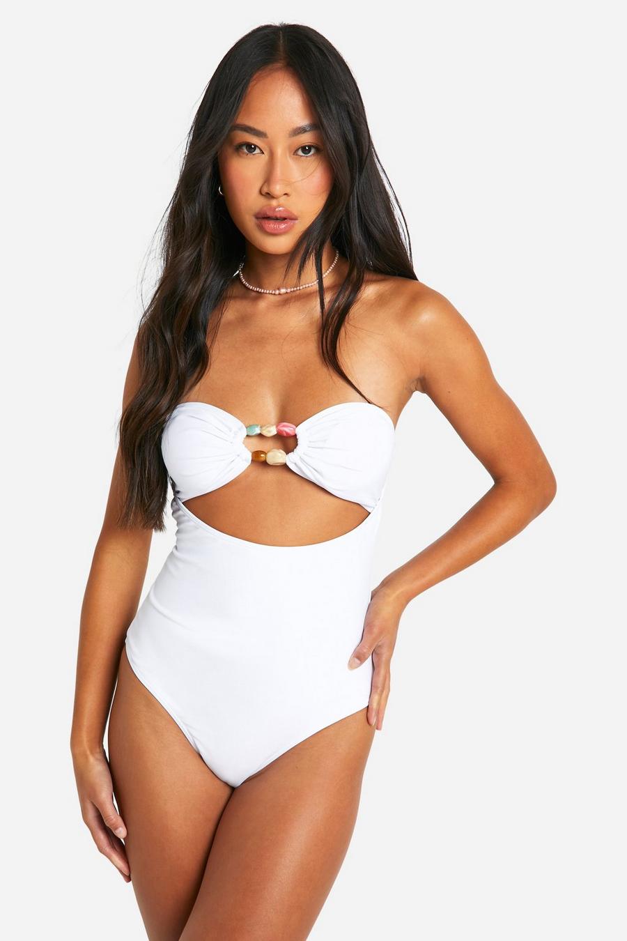White Beaded Trim Cut Out Bandeau Swimsuit image number 1