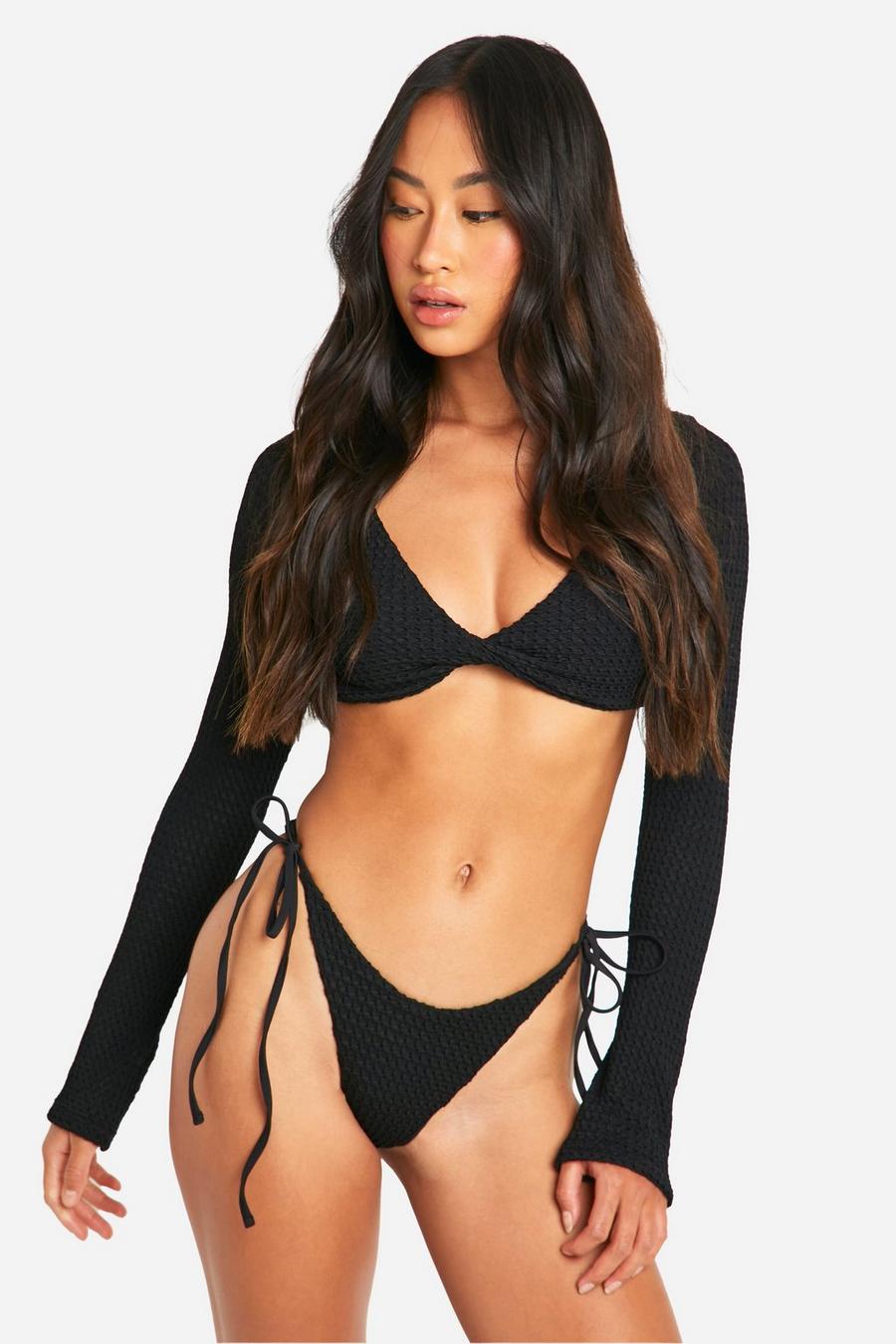 Black Textured Long Sleeve Ruched Bum Bikini Set image number 1