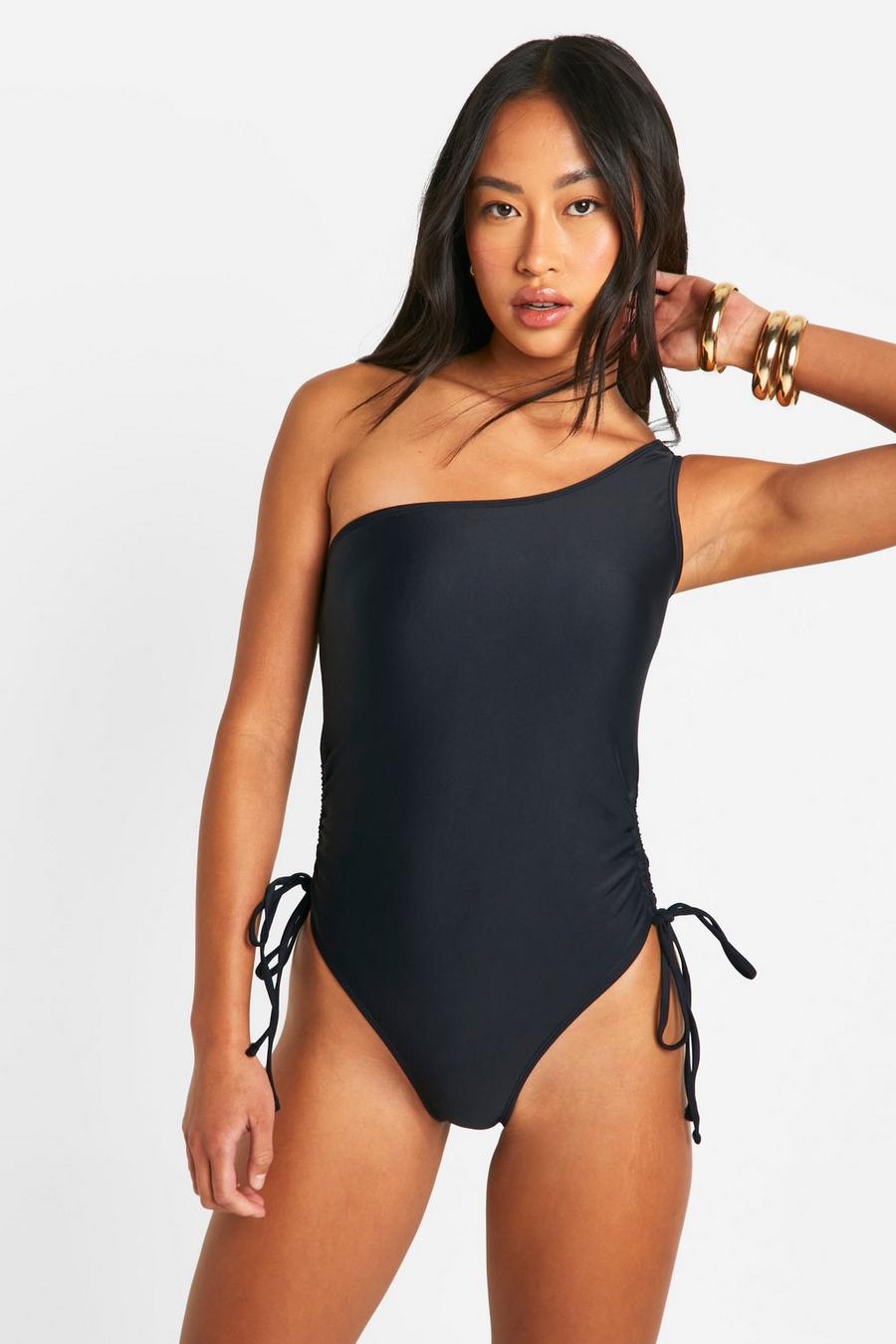 Black One Shoulder Ruched Sides Swimsuit  image number 1
