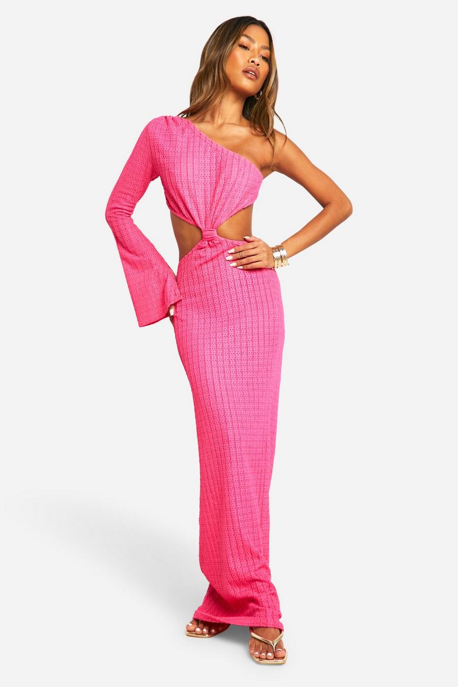 Hot pink Textured Knot Detail One Shoulder Cut Out Maxi Dress image number 1