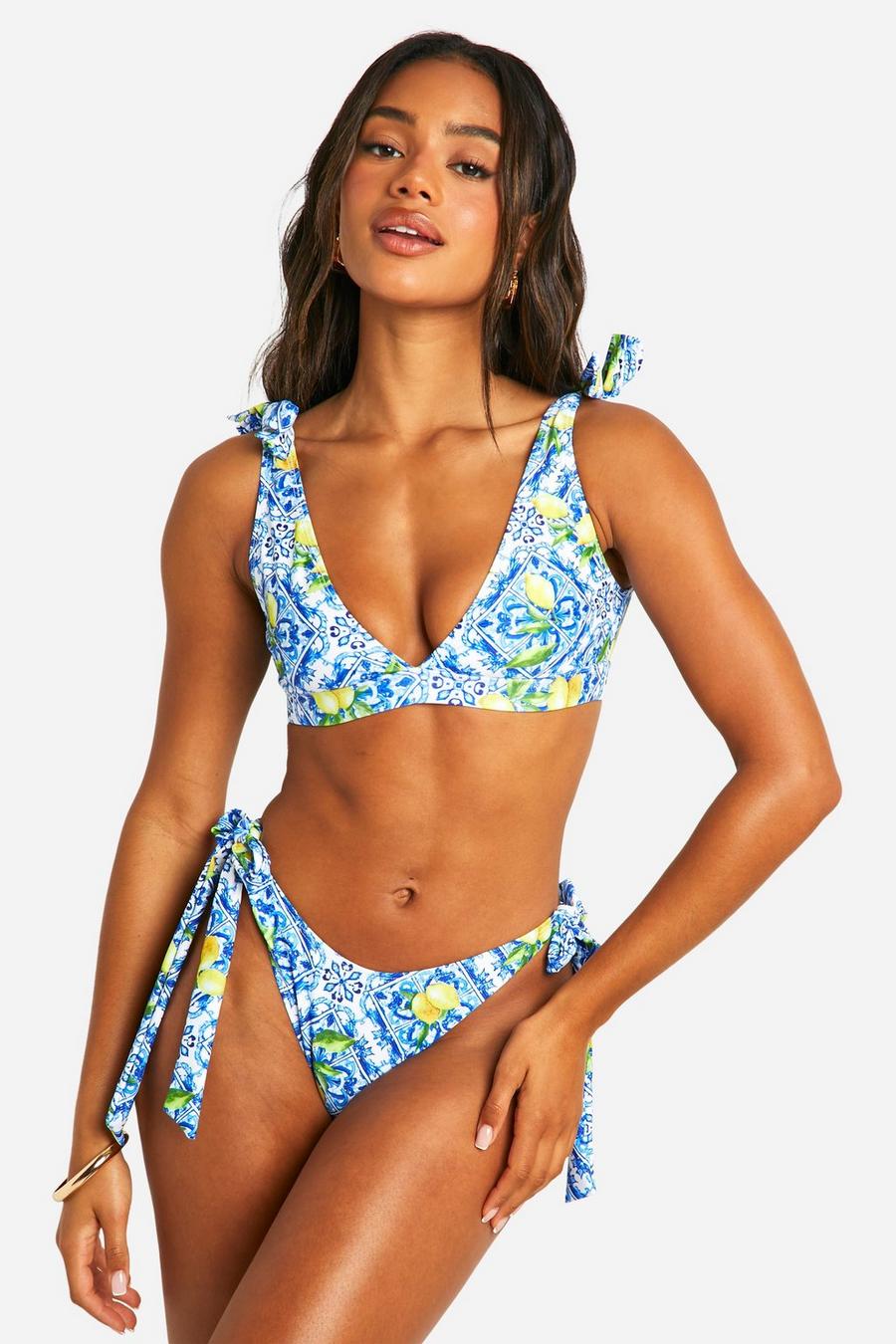 Blue Lemon Tile Print Tie Shoulder Bikini Top