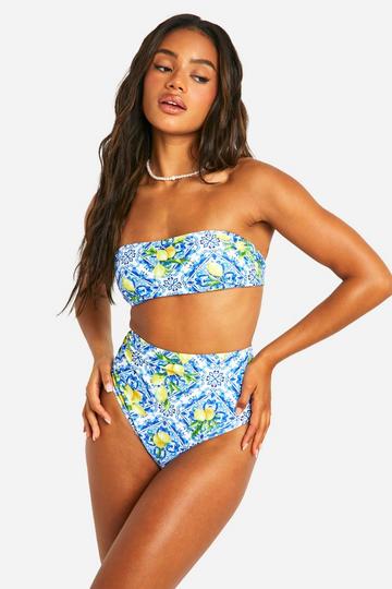 Lemon Tile Print High Waisted Bikini Brief blue